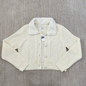 NWT Amazon Planet Gold Crop Cardigan Sweater With Faux Fur Collar XL